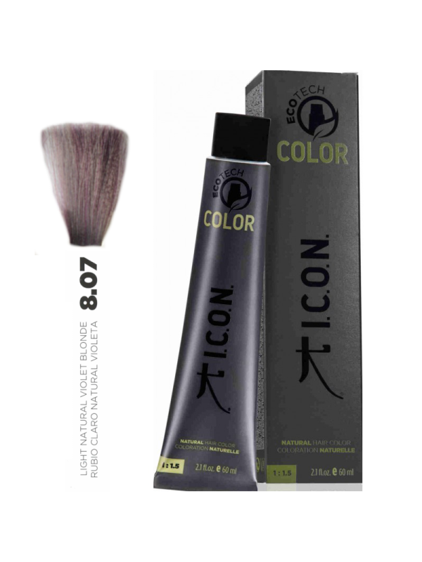 Tinte ICON Ecotech Color Rubio Claro Natural Violeta 8.07 sin alcohol, amoníaco ni ppd